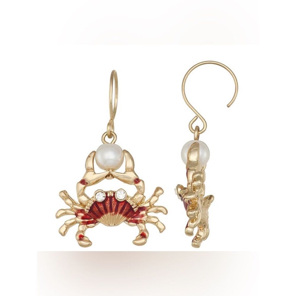 New Napier Gold-Tone Red Crab Drop Earrings with Pearl Accent